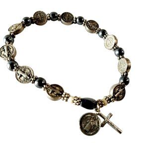 St. Benedict Rosary Stretch Bracelet Hematite Beads Silver Medals and Crucifix